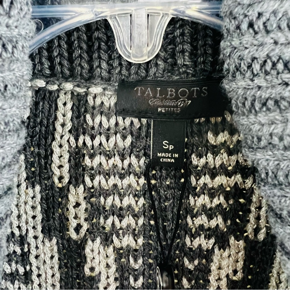 NWT! Talbots Mid Length Wool Blend Chunky Knit Geometric Gray Metallic Thread - Picture 5 of 12